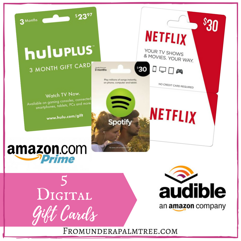 What are last minute gifts card I can get online? | Digital gift cards | last minute digital gifts | last minute gifts | digital gift cards | amazon prime | netflix | hulu | audible | spotify | online giftcards | amazon |