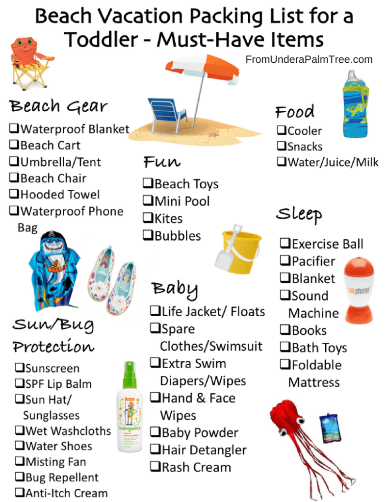 Beach Vacation Packing List For A Toddler From Under A Palm Tree