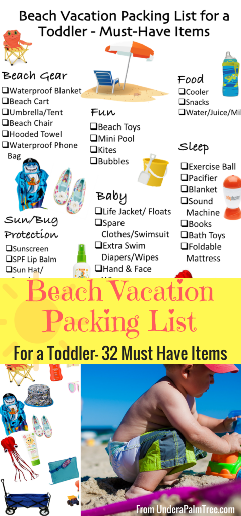 Beach Vacation Packing List For A Toddler From Under A Palm Tree