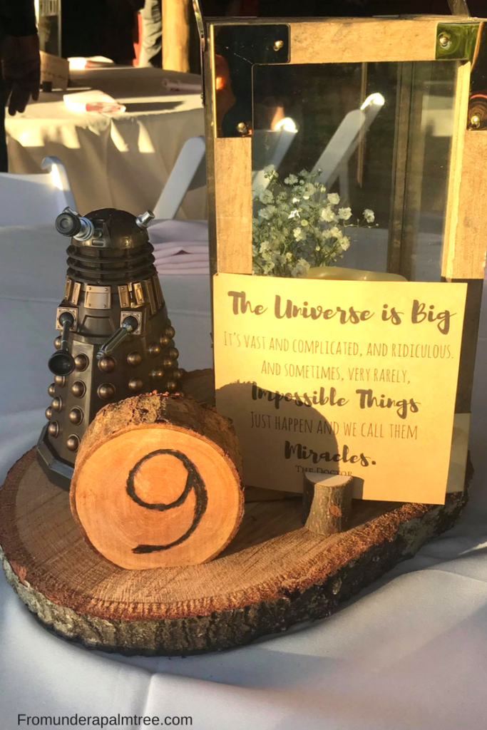 Nerdy Rustic Barn Wedding | Old McMickey's Farm | Dalek | Doctor Who centerpiece | The Barn at Crescent Lake | Bride | Harry Potter Sand Ceremony | Unity Ceremony | Sherri Hill | Wedding Dress | Ceremony | Burgundy | Cranberry | pink | gold | woodsy | eucalyptus | wedding invitation | woodland invitation | pine trees | Table Centerpiece | Reception | Wedding | Rustic Wedding | Woodland Wedding | Old McMickey's Farm | The Barn at Crescent Lake | wedding ideas | Centerpieces | Lavender Toss | Lavender Send Off | Decorations | Wood slices | Nerdy wedding | Rustic | Big Day | Harry Potter | Supernatural | Starwars | Lord of The Rings | Doctor Who | outdoor | barn wedding | Barn bride |