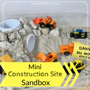 build mini construction site | sensory play | sensory activities | learning activities for toddlers | sensory play for toddlers | DIY | sandbox | mini sandbox | toddler activities | kids activities | activities for toddlers | activities for a 2 year old | indoor toddler play | DIY kids activity | sand | matchbox cars | matchbox tractors | mini construction site play | 