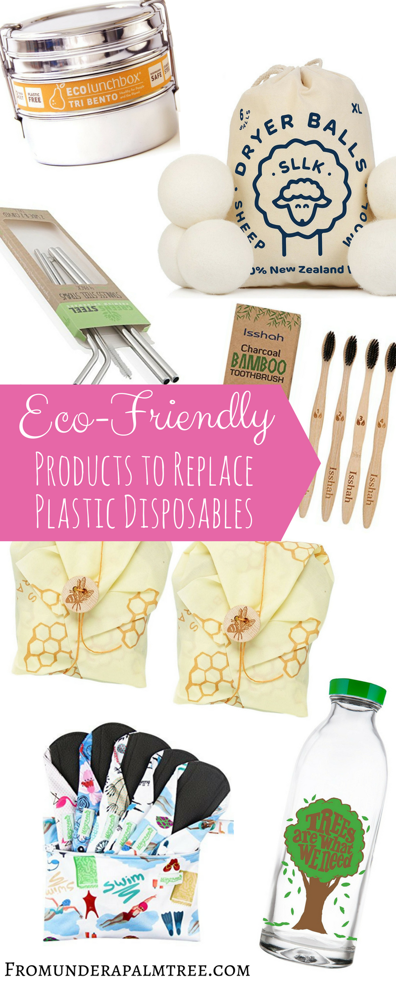 7 Eco-Friendly Products to Replace Plastic Disposables | Disposable Plastic Alternatives | Eco-friendly | Go Green | Sustainable living | single-use plastic alternatives | Earth Day | Reusable | recycle | biodegradable | green living | sustainable | reusable pads | menstrual cups | reusable straws | eco-friendly straws | faucet face | dryer balls | ECOlunchbox | bees wrap | charcoal | toothbrush |