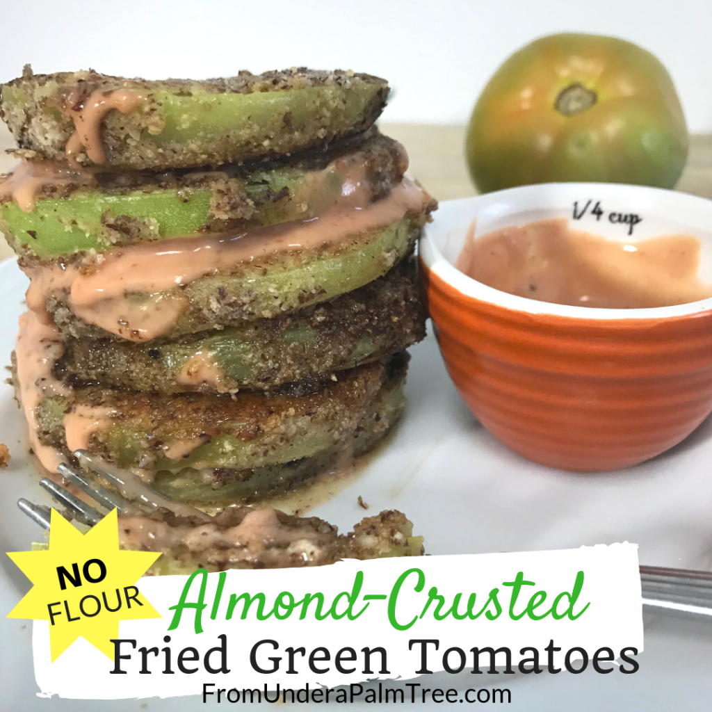 fried green tomatoes | fried green tomato recipe | almond crusted fried green tomatoes | almond flour recipe | recipes with almonds | almond flour uses | almond flour | bread crumb alternatives | low carb | low carb snack | low carb fried green tomatoes | green tomato | how to make fried green tomatoes | how to make healthy fried green tomatoes | healthy fried food | low carb foods | easy recipe | easy snack recipe | side dish recipe | appetizer recipe | app recipe | easy appetizers | easy side dish | fruit | veggie side dish | dinner recipe |