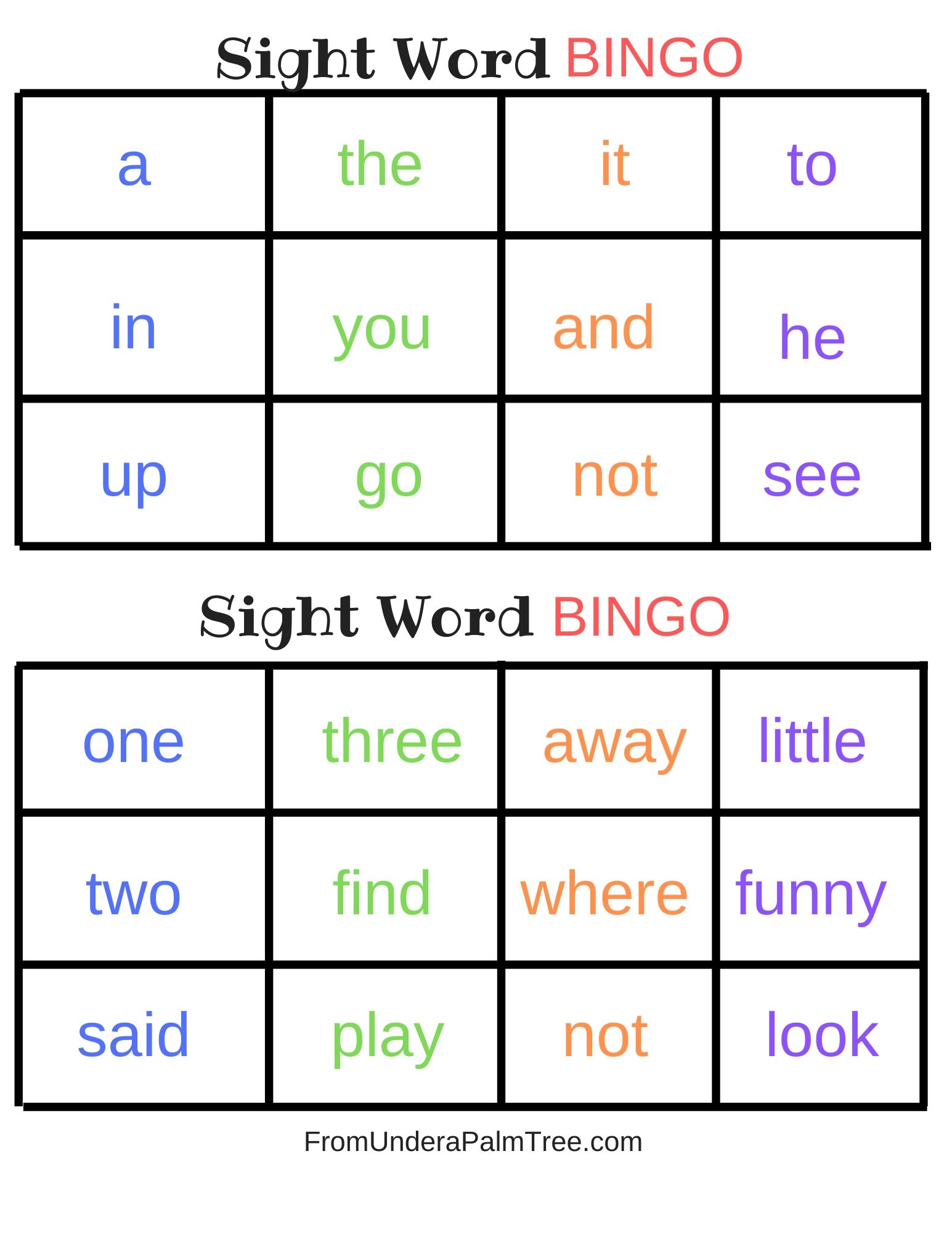 Sight Word Bingo From Under A Palm Tree