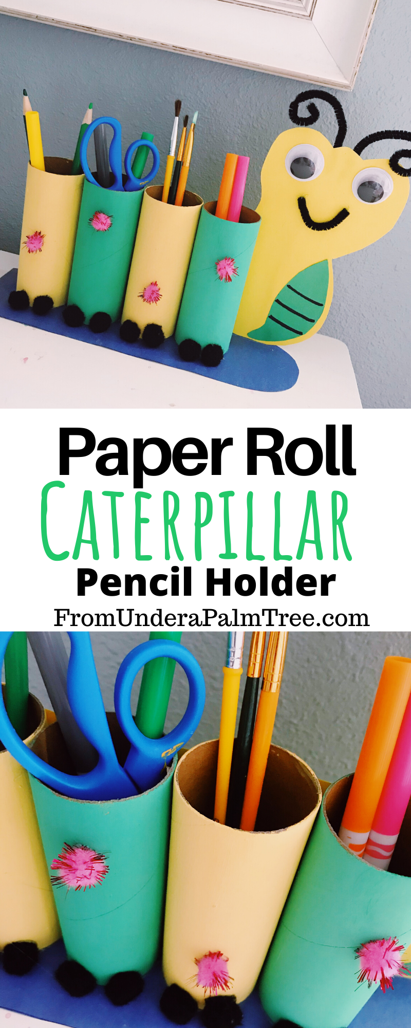 paper roll craft | crafts for kids | crafts for preschoolers | preschool crafts | crafts made from recycled material | toilet paper roll crafts | paper towel roll crafts | paper roll caterpillar | DIY pencil holder | DIY crafts for kids | Spring crafts for kids | spring craft | 