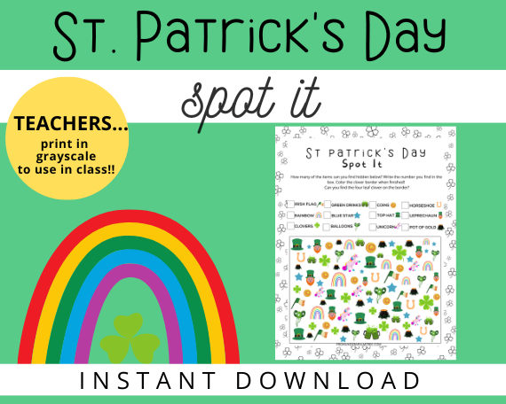 st patricks day spot it | st patricks day worksheet | st patricks day activities for kids | St Pattys Day game | st pattys day worksheets | st patricks day search and find | kindergarten worksheets | kindergarten activities | kindergarten printable | printable for kids | printable for kindergarteners | kindergarten st patricks printable | counting worksheet | math worksheet | st patricks day math worksheet |