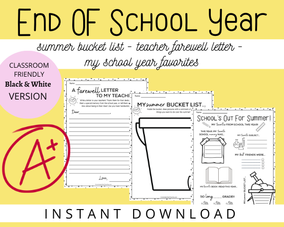 Summer Bucket list | teacher farewell letter | Faorite stuff I learned this year | End of school year worksheets | end of school year | end of the year worksheet bundle | first grade worksheets | second grade worksheets | guided writing worksheets | What did I learn this year worksheet | My favorite things about this year | kids printables | kid school worksheets | end of the year activity | schools out activity | kids graduation activity | first grade gradutation activity | letter to my teacher | letter to my teacher worksheet | 